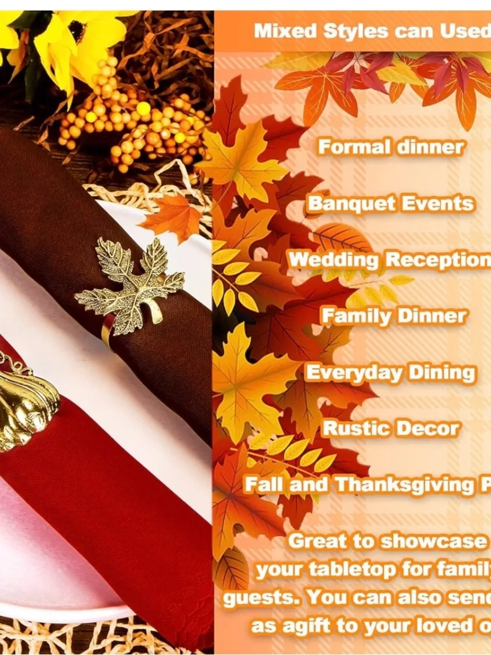 Fall Napkins rings. Vintage gold. Table setting decorations set of six